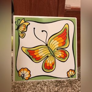 Vintage orange green trippy butterfly striped  tile hot plate